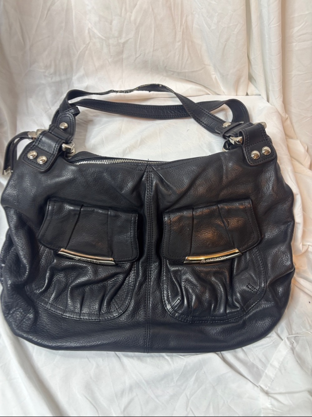 b. makowsky Black Pebbled Leather Shoulder Bag with Front Flap Pockets